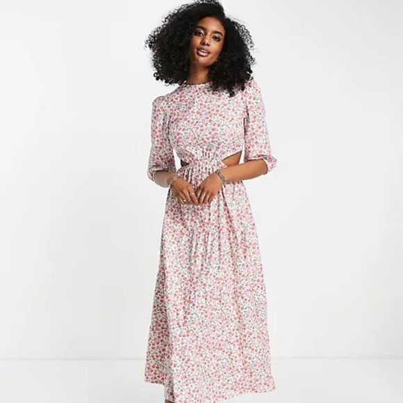 NWT Neon Rose tie back tiered maxi smock dress in pink ditsy floral - Picture 3 of 6